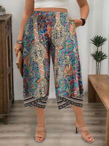 EMERY ROSE Plus Size Women Loose Allover Print Vacation Capri Pants With Pockets, Summer