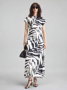 Ontre Vestido con estampado elegante y urbano, cuello redondo y mangas acampanadas, apropiado para otoño, Día del Maestro, Día de la Independencia, vestido largo, ropa de verano, material de crepé, vestido para ir a la oficina, nueva colección 2025