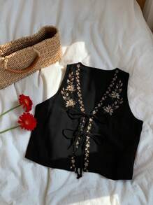 Comfortcana Áo cánh nữ không tay màu đen thêu hoa phong cách Bohemian buộc phía trước, mùa hè - màu đen - Xem 4
