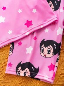 Astro Boy X SHEIN Tween Girl Cartoon Little Girl & Star Sweet Print Elastic Tight-Fitting Home Pajamas Set - Pink - View 5
