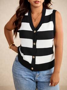 Elaquor 加大码无袖针织毛衣背心，夏季时尚，秋冬商务休闲女士 - 黑與白 - 查看 5