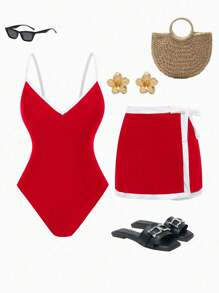 Swim Oasis 1pc Women's Adjustable Strap Red One-Piece Swimsuit, 2pcs/Set For Beach - Red - View 3