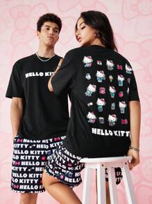 HELLO KITTY AND FRIENDS | SHEIN 1 件休闲卡通字母印花落肩宽松短袖 T 恤，男女通用 - 黑色 - 查看 3