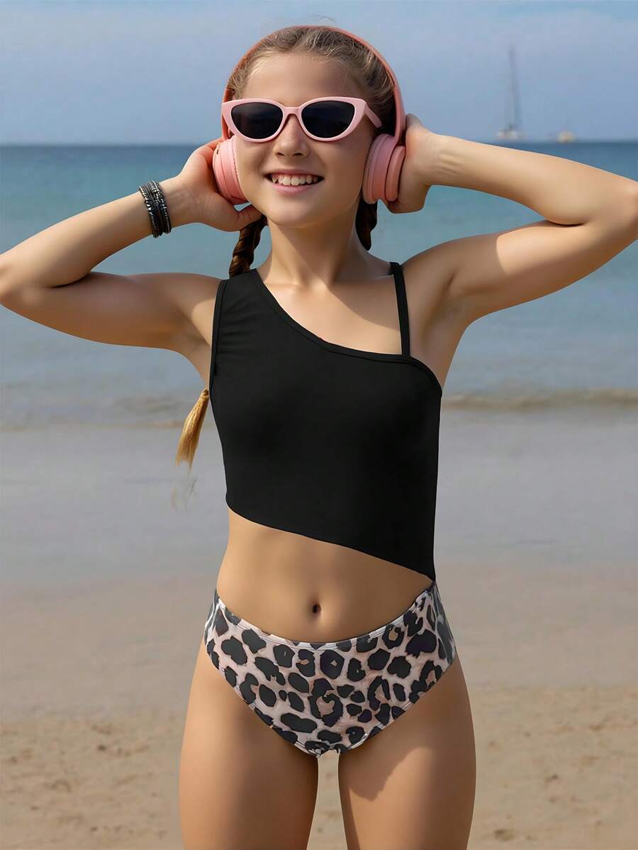 女童连体泳衣,豹纹撞色不对称领口,镂空设计,时尚欧美风格,适合海滩度假,夏季 - 彩色 - 查看 1