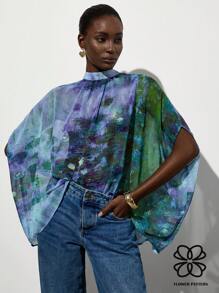 Aveloria Frievida Women Tie-Dye Print Loose Stand Collar Batwing Sleeve Blouse - Multicolor - View 1