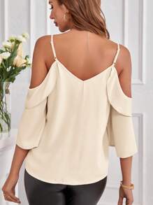 SHEIN Clasi Camisa primaveral de mujer de unicolor con hombros descubiertos y volantes - Caqui - Ver 2