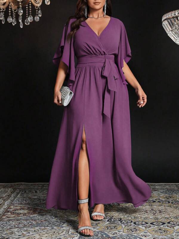 Cravure Vestido de fiesta maxi elegante talla grande para mujer con cuello en V, mangas acampanadas, cintura con nudo y fruncido, abertura lateral, unicolor