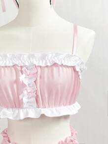 SHEIN Teen Girl 3-Piece Set: Contrast Color Ruffle Trim (Top, Pants, Headpiece) - Pink - View 5