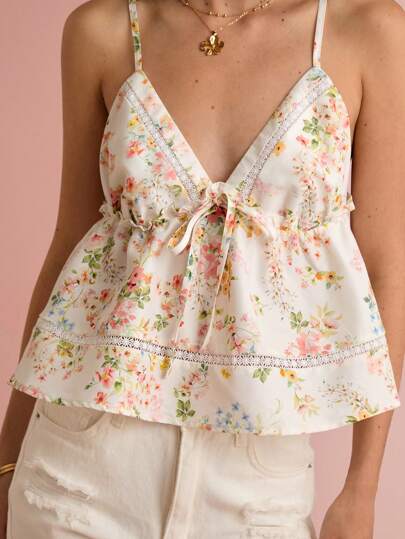 Enchnt 春夏浪漫女式荷叶边 V 领系带吊带背心，休闲舒适，适合生日、节日派对、甜蜜约会、日常通勤、度假、婚礼季节必备、毕业派对，夏季百搭女士，音乐会女士，优雅