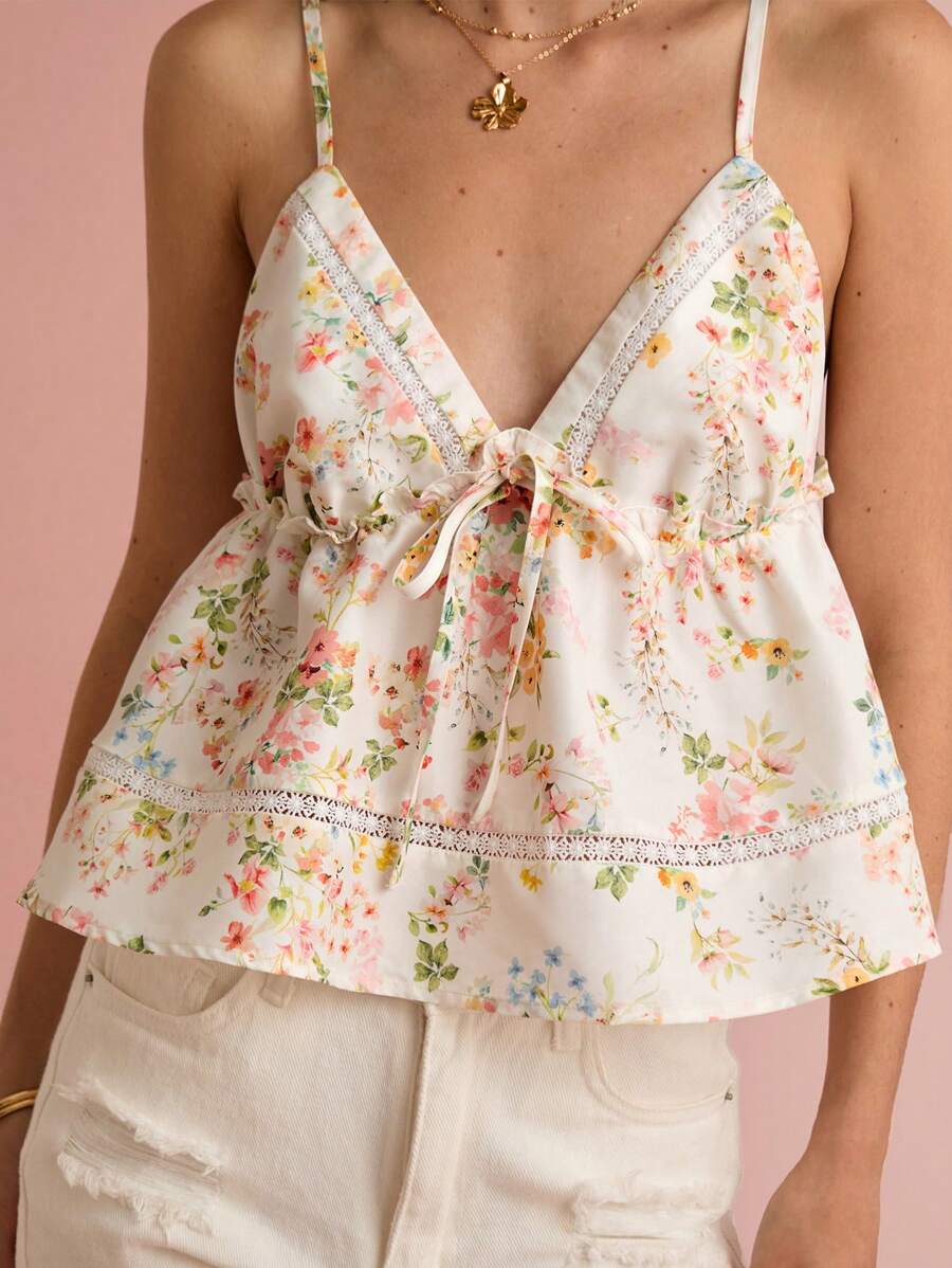 Enchnt 春夏浪漫女式荷叶边 V 领系带吊带背心，休闲舒适，适合生日、节日派对、甜蜜约会、日常通勤、度假、婚礼季节必备、毕业派对，夏季百搭女士，音乐会女士，优雅