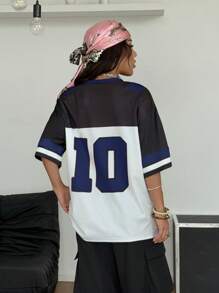 Coolane 女士春夏街头潮流情侣同款休闲V领落肩字母印花宽松休闲运动T恤 - 彩色 - 查看 2