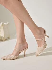 CUCCOO CHICEST 全新夏季女士尖头花卉刺绣蕾丝中跟优雅浪漫网眼蕾丝一脚蹬高跟鞋，适合正式礼服、婚礼、派对、下午茶、约会之夜 - 杏色 - 查看 11