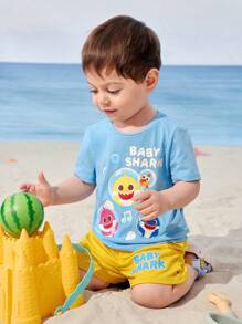 BABY SHARK X SHEIN Baby Boy Cartoon Shark Print Blue Casual Cute Short Sleeve T-Shirt And Yellow Loose Shorts Set