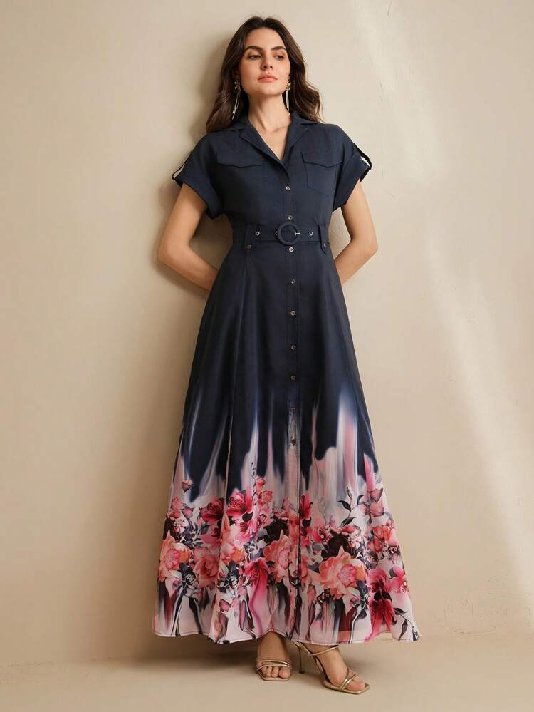 2025 New Summer Floral Print Turn-Down Collar Cinched Waist Mid-Length Elegant Lady-Like Dress