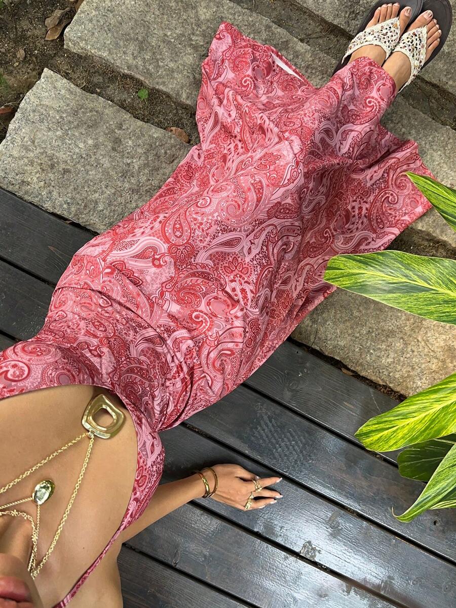 SHEIN Unity 女式夏季海滩度假佩斯利印花露背系带纽扣设计细肩带连衣裙 - 紅色 - 查看 1