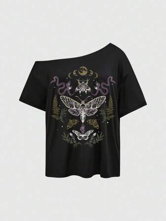 Damen Große Größen Gothic Geheimnisvoller Trägertop mit Fledermaus, Blumen und Mond Muster, Sommer Lässig Street Vintage Stil T-Shirt