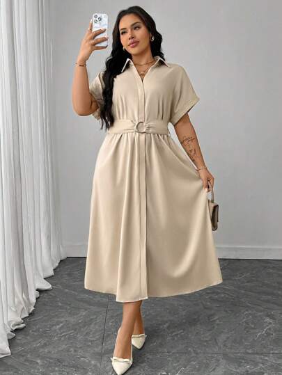 Flirla Vestido de línea A con cuello vuelto, cuello en V, botones delanteros, mangas tipo dolman y cinturón, apropiado para uso casual y vacaciones en primavera/verano, tallas grandes para mujer