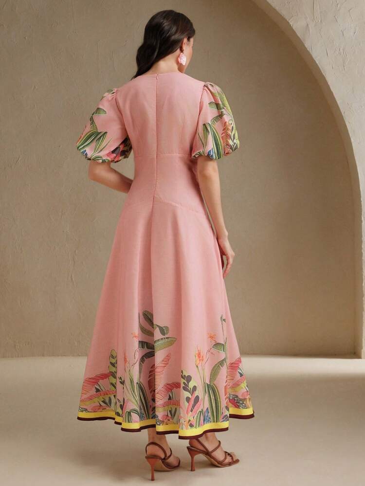 Women's V-Neck Digital Placement Printed Puff Sleeve Elegant Versatile Vacation Dress