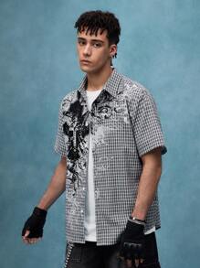 ROMWE MEN Grunge Punk Men's KPOP Street Summer Plaid Cross Print Short Sleeve Single-Breasted Casual Shirt, Emo - Multicolor - View 9