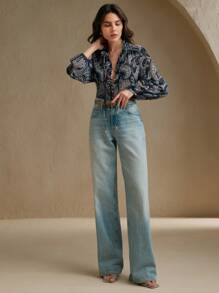 Anewsta 佩斯利印花长袖立领飘逸衬衫，适合伊比沙岛，春季，海滩 - 藏蓝色 - 查看 4