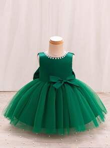 SHEIN Glamorique Kids 女婴圣诞公主裙、舞会礼服、派对和婚礼花裙、粉色薄纱泡泡裙、白色串珠 V 字背大蝴蝶结公主礼服婴儿紫色连衣裙