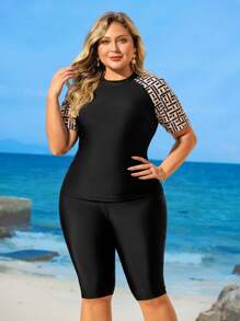 Swim Mulvari Plus Size Women Conservative Short Sleeve Zipper Front Split Piece Modest Burkini Swimsuit,Bikini Set,Vacation Outfits Woman For Summer - Black - View 3