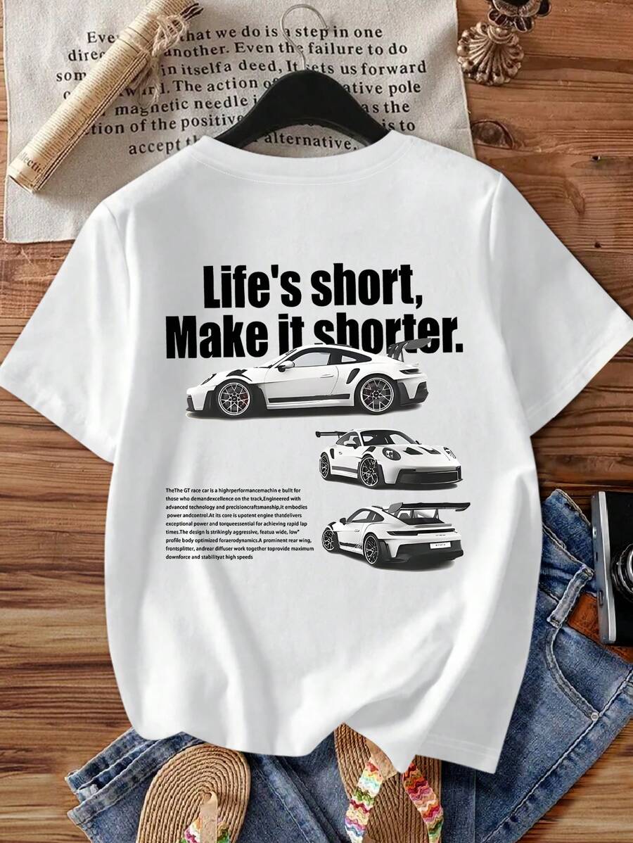Women's Comfortable Round Neck Short Sleeve T-Shirt With Fashionable Street Racing Artistic Print - White - View 1