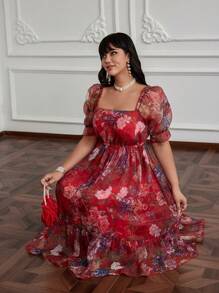 Lyrianda 大码女式春夏方领度假欧根纱优雅、甜美、可爱的长裙