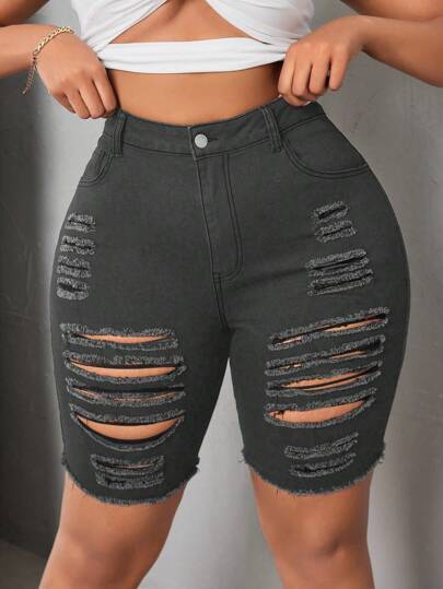 SHEIN SXY Plus Size Women Black Denim Elastic Skinny Ripped Sexy Shorts