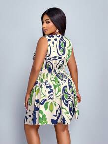 SOLERSUN 大码女装时尚新款腰部简约宽松休闲度假深V领皮利丝图案风格印花迷你连衣裙度假连衣裙春夏裙子海边度假 - 綠色 - 查看 2