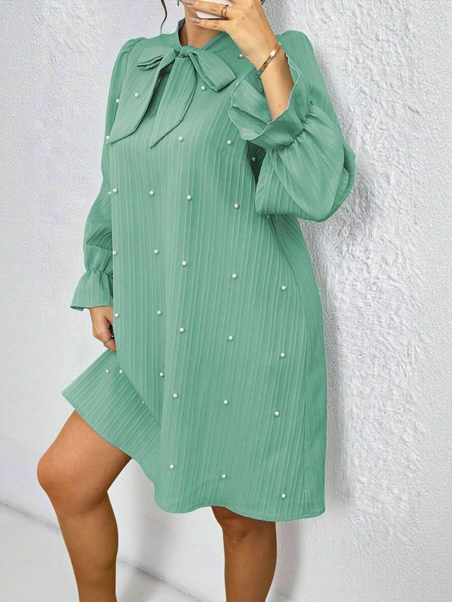 SHEIN Clasi Plus Size Elegant Solid Pearl Decor Knotted Collar Dress - Mint Green - View 1