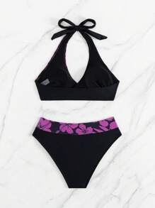 Swim Lushoire 2件套女士花卉印花露肩露背休闲沙滩比基尼套装和沙滩罩衫，夏季 - 彩色 - 查看 4