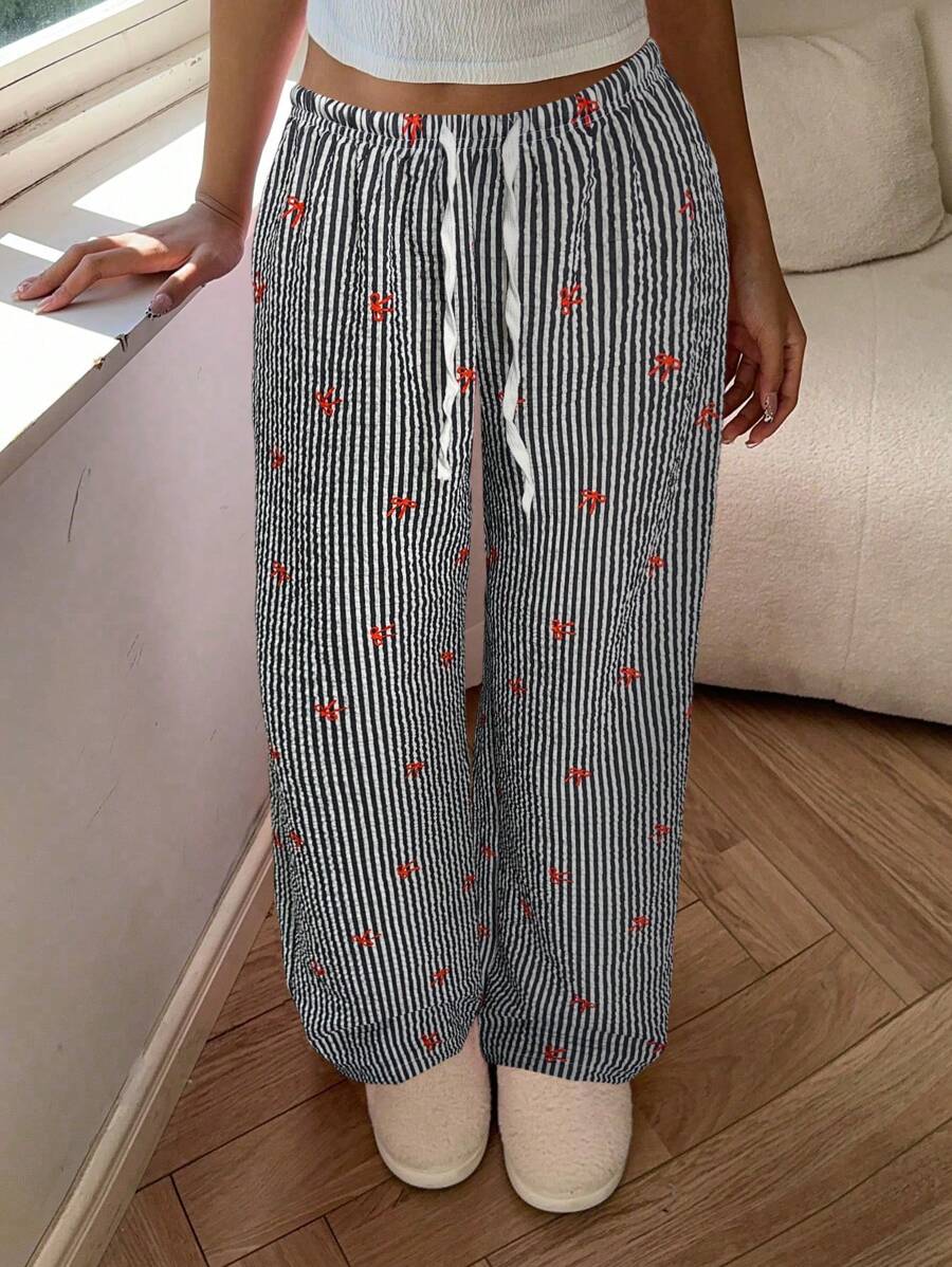 Aloruh 优雅低腰性感女士舒适长裤，蝴蝶结条纹印花百搭 - 彩色 - 查看 1