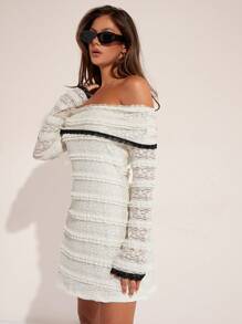 COSMINA 女式蕾丝露肩长袖时尚迷你连衣裙 - 黑與白 - 查看 6