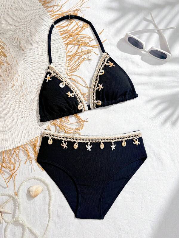 Ensemble bikini à encolure bâtière pour préadolescentes, maillot de bain pour les vacances à la plage