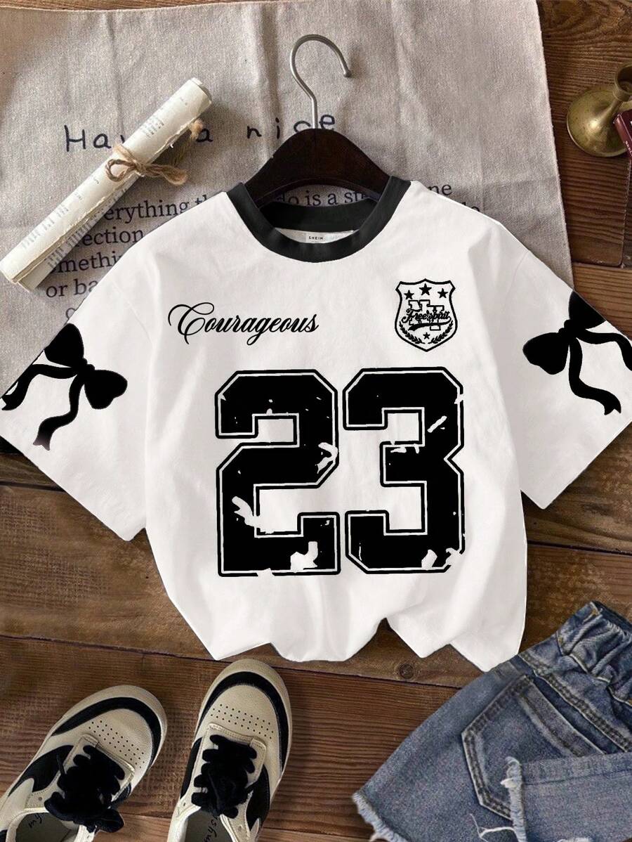 SHEIN Leap Crew 青少年女孩休闲简约宽松针织T恤，适合夏季 - 彩色 - 查看 1