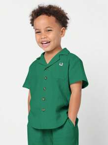 SUMWON 男童休闲纽扣短袖衬衫套装夏季棉麻质感儿童度假海滩度假装