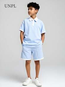 SHEIN Explorewe 2 件套校队 Polo 衫，撞色领口，宽松 T 恤和短裤，适合学校、夏季 - 彩色 - 查看 9