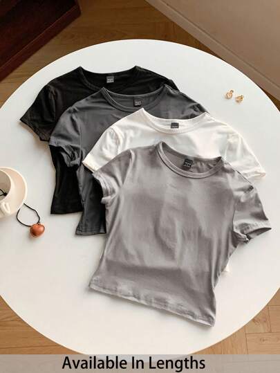 SHEIN Tall CURVE Plus Size 4-Pieces Set Solid Color Cropped Round Neck Short Sleeve Fitted Women T-Shirt Top, Suitable For Summer Valentine's Day