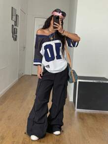 Coolane 女士春夏街头潮流情侣同款休闲V领落肩字母印花宽松休闲运动T恤 - 彩色 - 查看 4