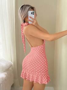 Sweetina 深V领黑白波点休闲度假复古迷你连衣裙 - 藕粉色 - 查看 2