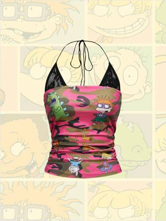 Nick 90's X ROMWE Top de tirantes distressed, lavado y con encaje de contraste y gráfica de personaje de dibujos animados para mujeres