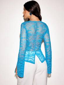 VIOLA AND VESPER Ocean Blue Transparent Blue Lace Flared Sleeves Fitted Top With Front Button Opening