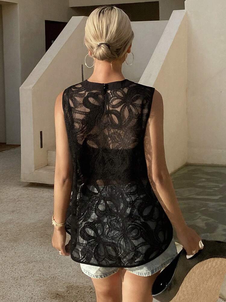 Women's Sleeveless Lace Jacquard Organza Top, Suitable For Beach Vacation