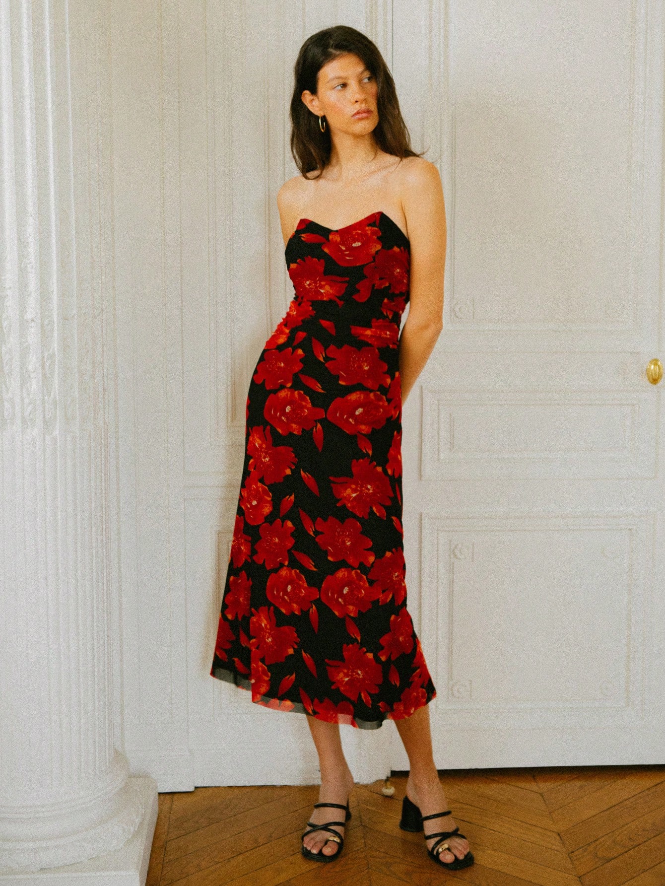 Romantic Black Off-Shoulder Vacation Midi Dress In Stretch With Red Rose Print Mesh Date Night Outfits Women Wedding Guest Dress Fall Women Clothes Spring Summer New Year Dress