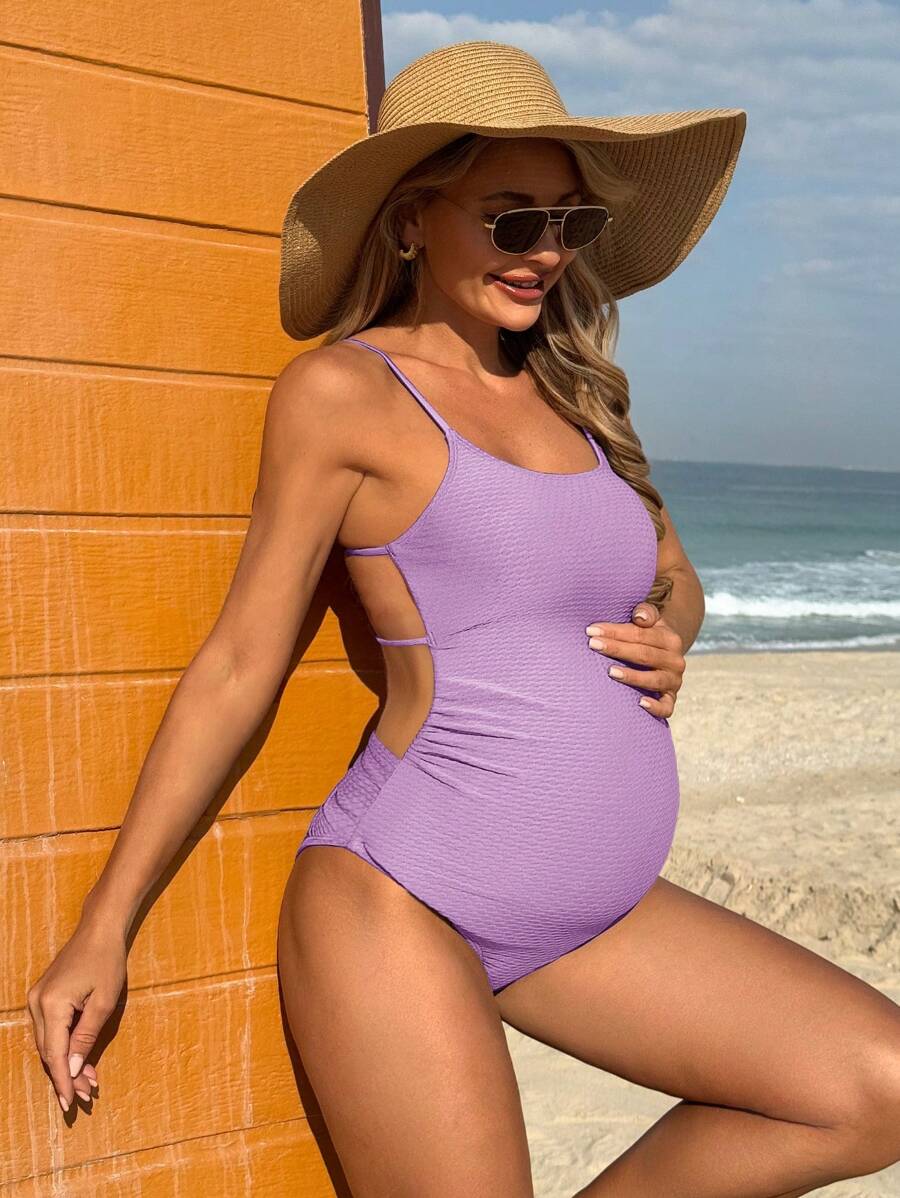 SHEIN Elegant Ribbed Maternity One-Piece Swimsuit With Beautiful Back Design For Summer Beach Vacation - Mauve Purple - View 1