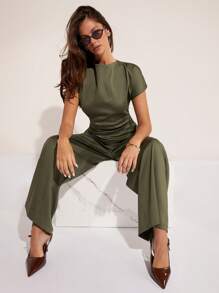COSMINA Women's Solid-Color Crew Neck Batwing Sleeve Pleated Elegant Jumpsuit, Summer - Army Green - View 4