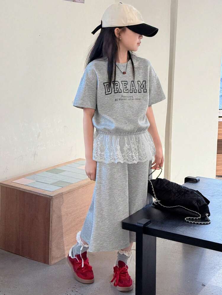 Tween Girls Crew Neck Knit Floral Print Short Sleeve Lace Patchwork T-Shirt + Skirt 2-Piece Set, Summer