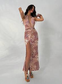 Aloruh Women's Spring/Summer Resort Boho Paisley Print Patchwork Deep V Neck High Slit Bodycon Dress - Multicolor - View 1