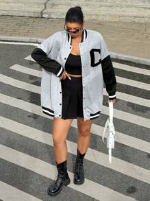 Muchica Plus Letter Patched Striped Trim Drop Shoulder Varsity Jacket Winter Fall Autumn - Light Grey - View 4